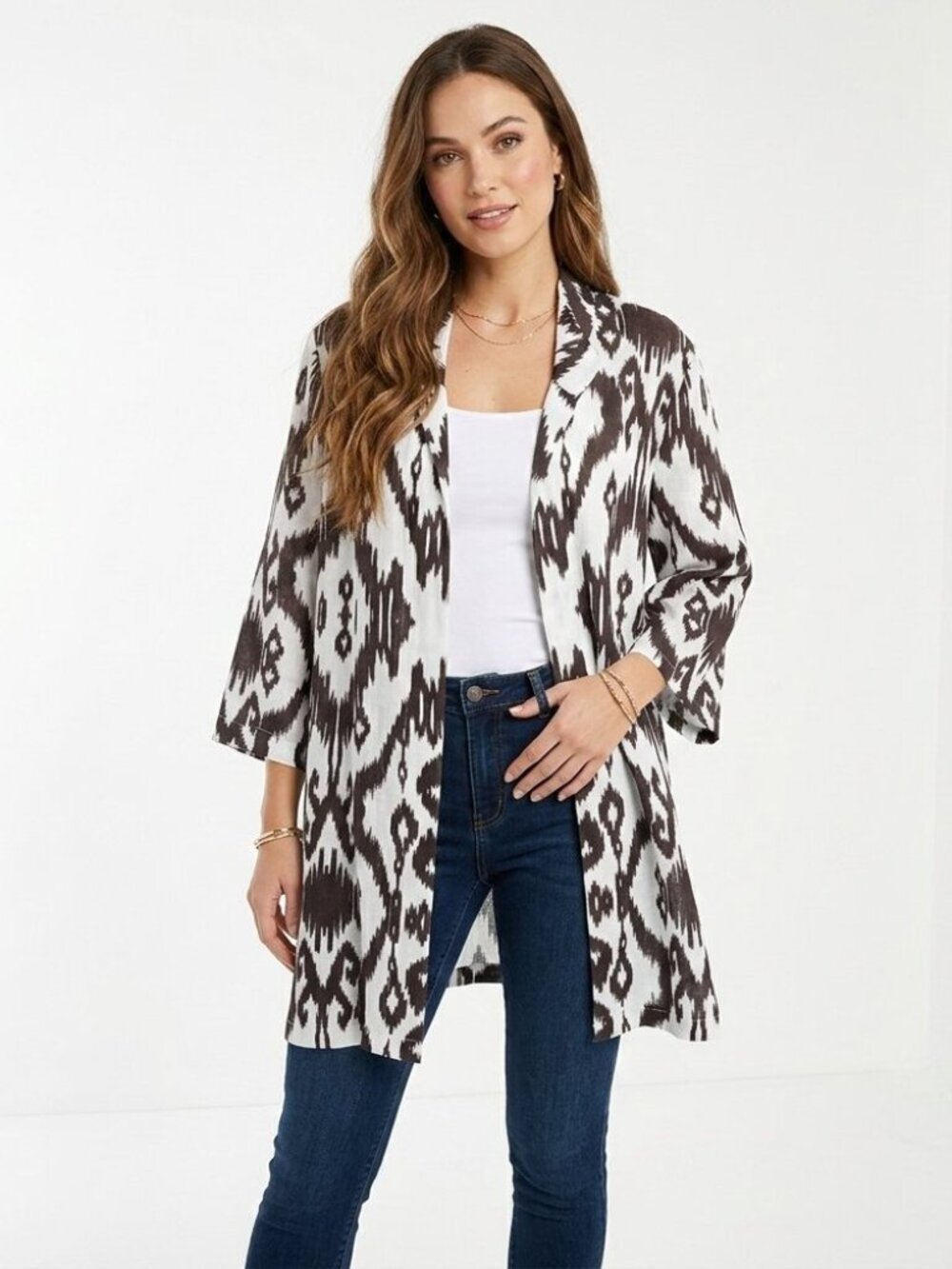 Chico's 100% Linen Topper Jacket Sz 2 L Large Brown White Ikat Boho Lagenlook - Picture 8 of 8